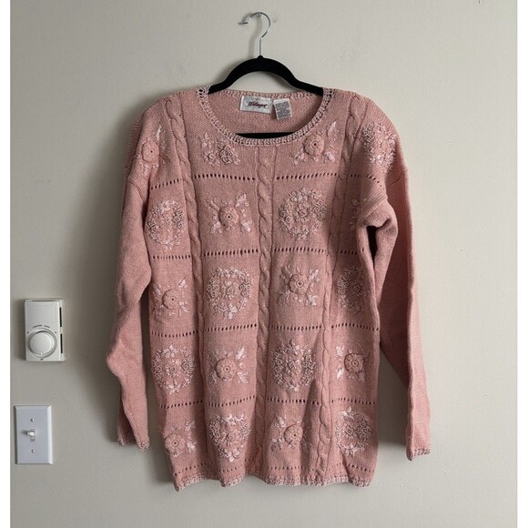 VTG 90s 2000s Y2K‎ Worthington XL Knit Sweater Coquette Floral Shabby Chic Pink - Picture 1 of 5